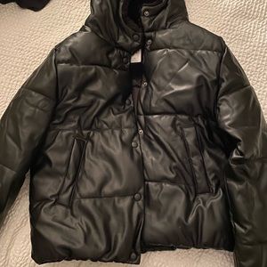 Black leather puffer jacket